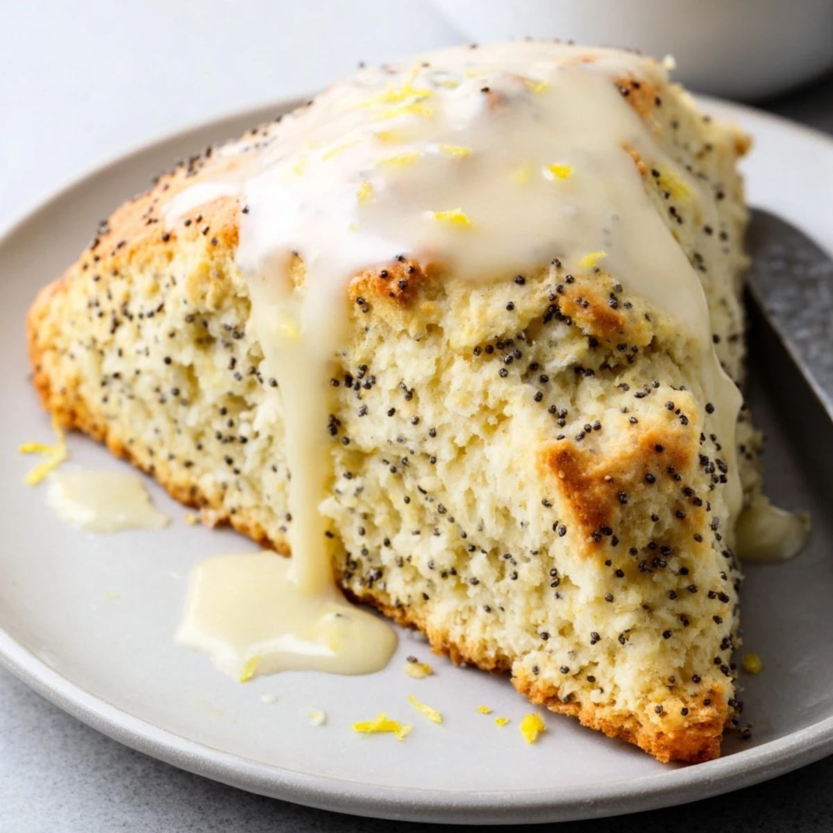 Freshly baked Lemon Poppy Seed Scones with a glossy citrus glaze, ready to serve for breakfast.