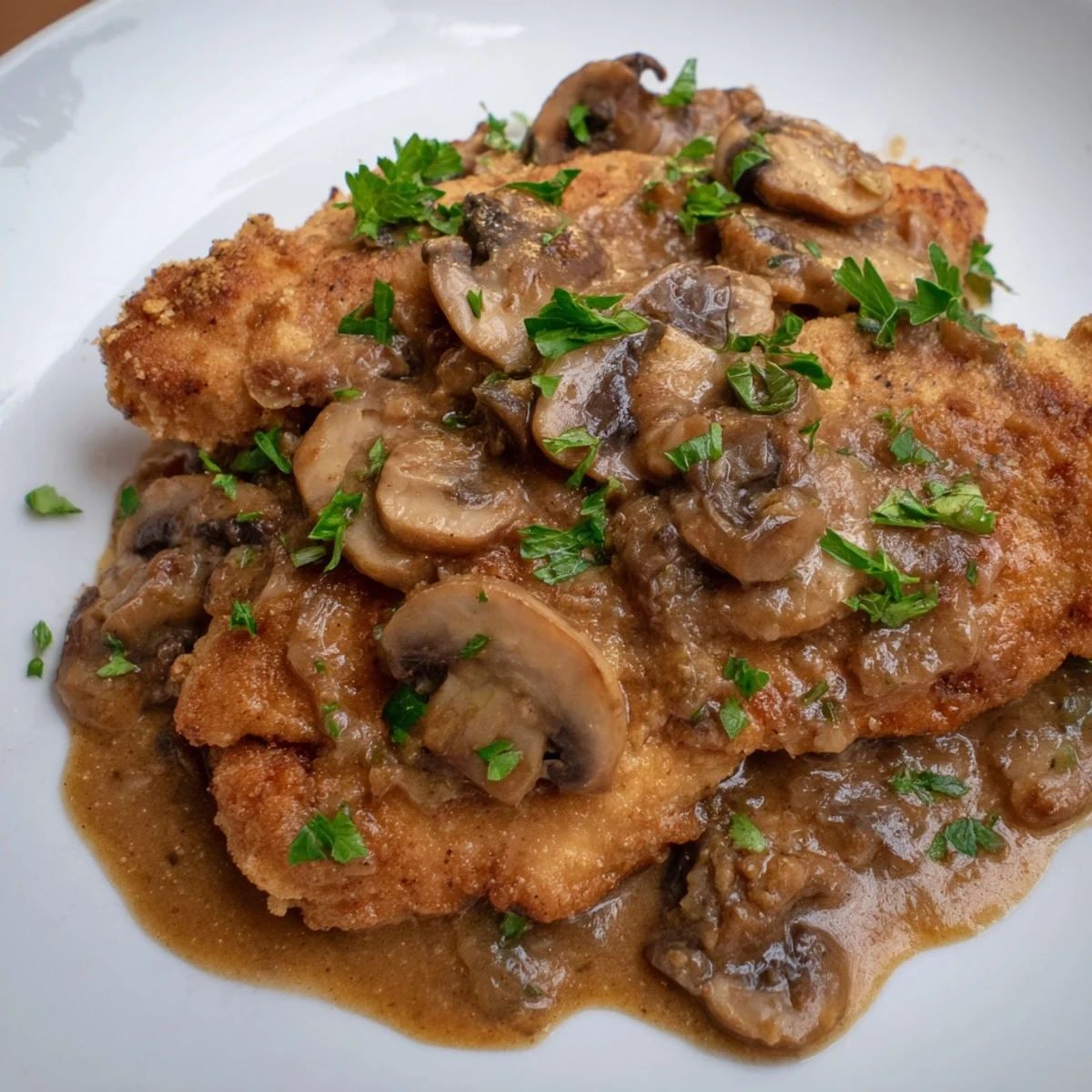 Golden-brown breaded chicken breasts smothered in a rich mushroom Marsala sauce substitute, served with lemon wedges.
