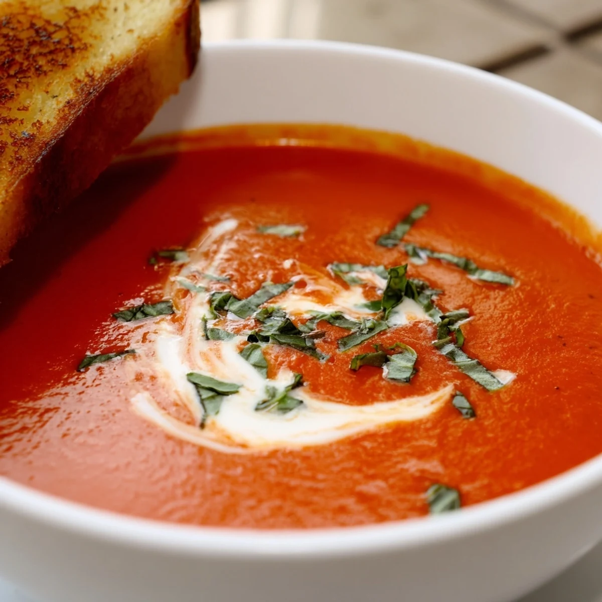 Creamy Tomato Basil Bisque with Grilled Cheese served steaming hot in a rustic white bowl, golden sandwich triangles alongside.