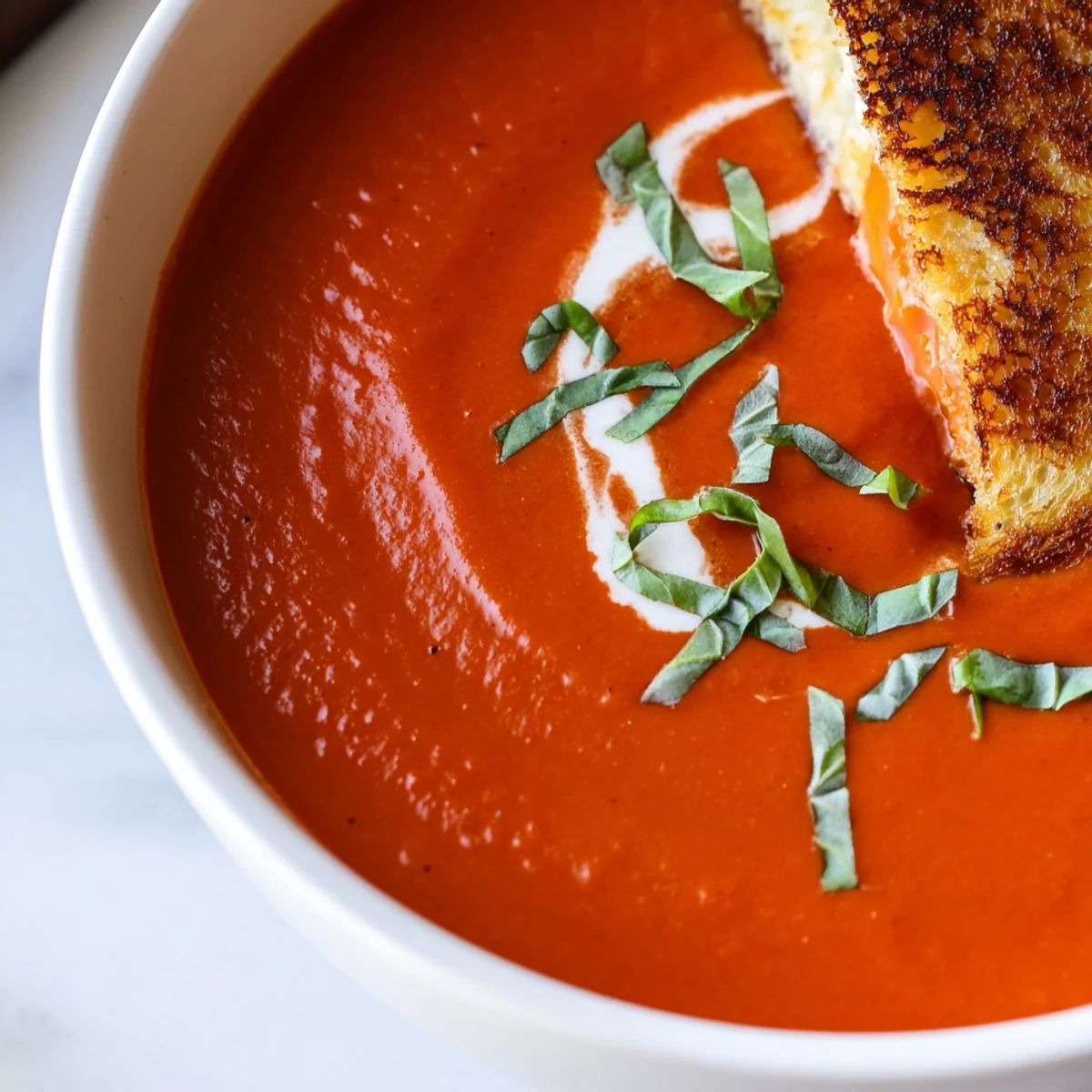 Creamy Tomato Basil Bisque with Grilled Cheese on a checkered napkin, crispy bread slices for cozy, easy weeknight dinners.