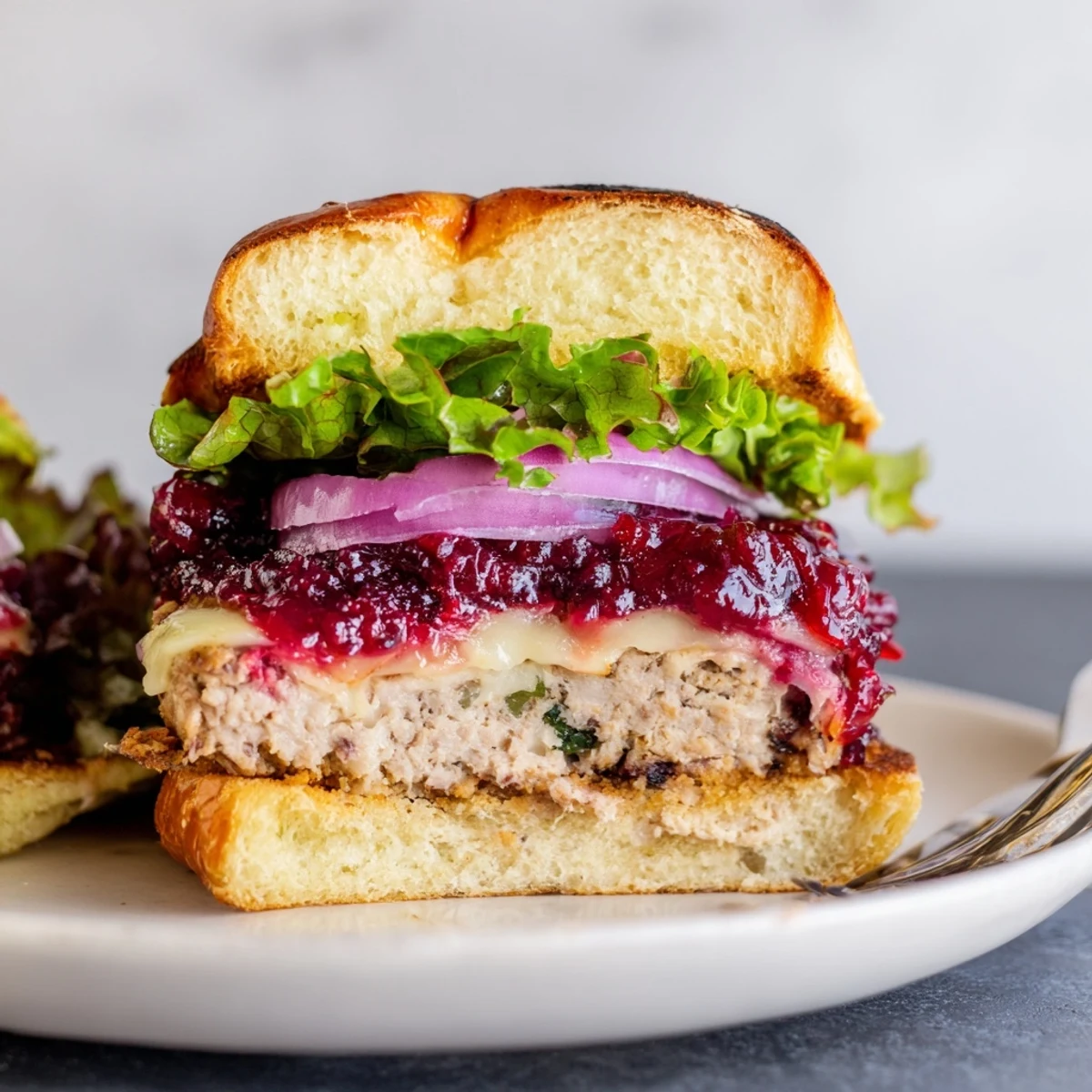 Golden-brown turkey burger with creamy Brie and vibrant cranberry sauce on a toasted brioche bun, served with red onion and lettuce.