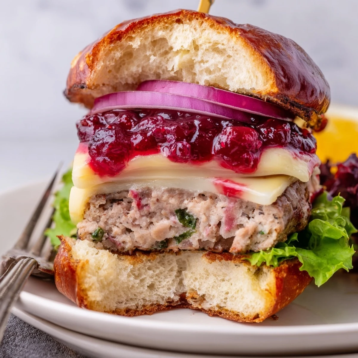 Close-up of a gourmet turkey burger showcasing a juicy patty, melted Brie, and tangy cranberry sauce on a toasted whole wheat bun.