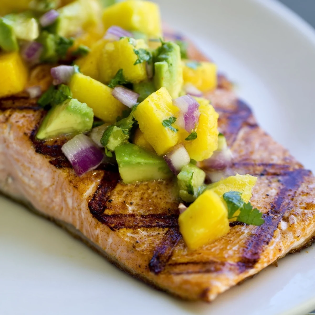 Sizzling grilled salmon topped with colorful mango avocado salsa, served with lime wedges on a rustic plate.