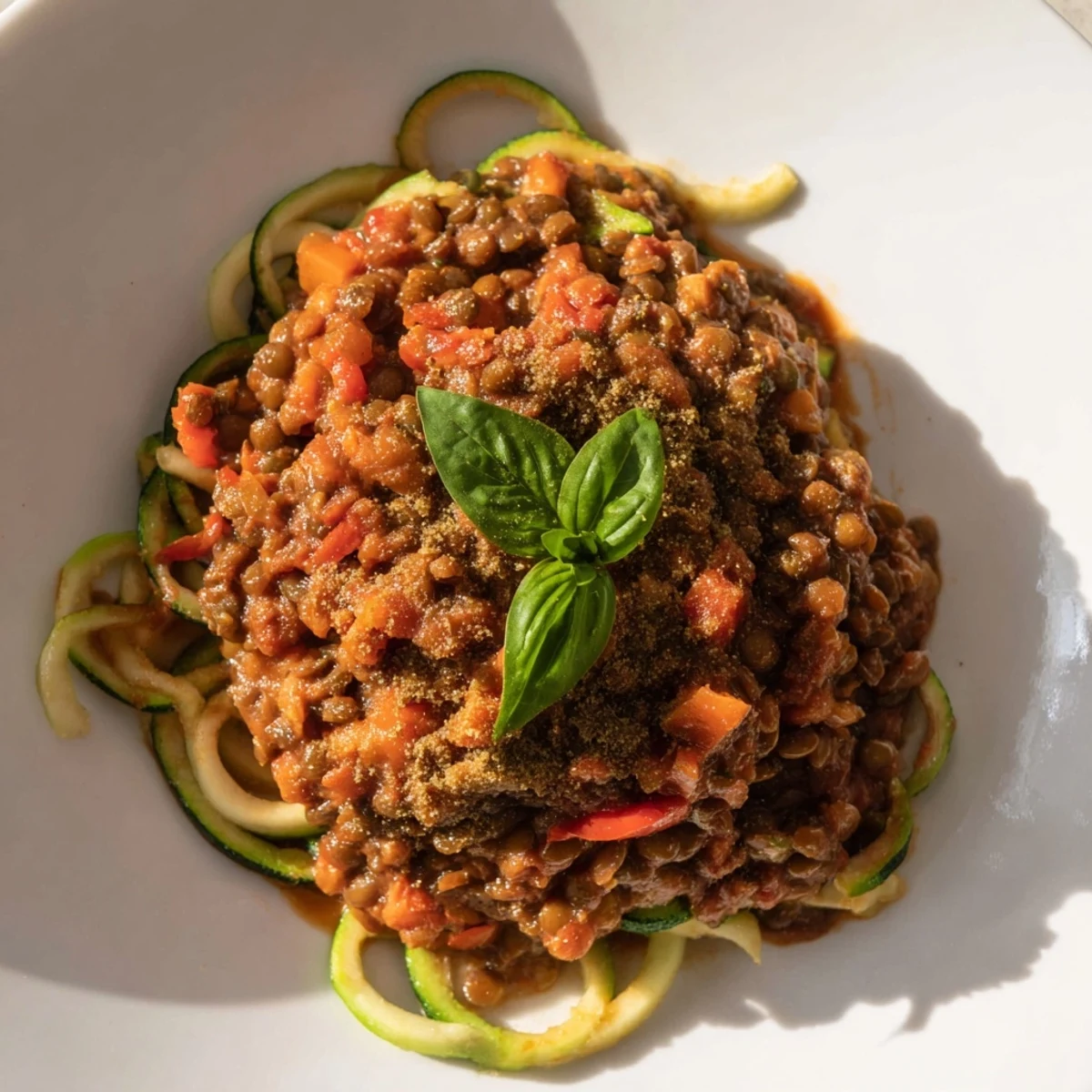 A rustic bowl of Vegan Lentil Bolognese simmered over sautéed zucchini noodles for a low-carb dinner.