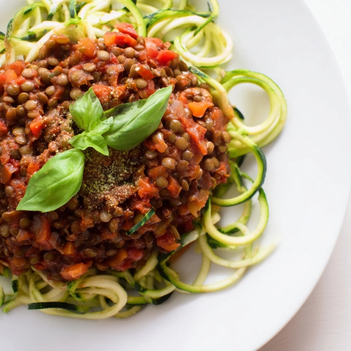 Dinnertime Vegan Lentil Bolognese with zucchini noodles, garnished with fresh basil and ready to serve.