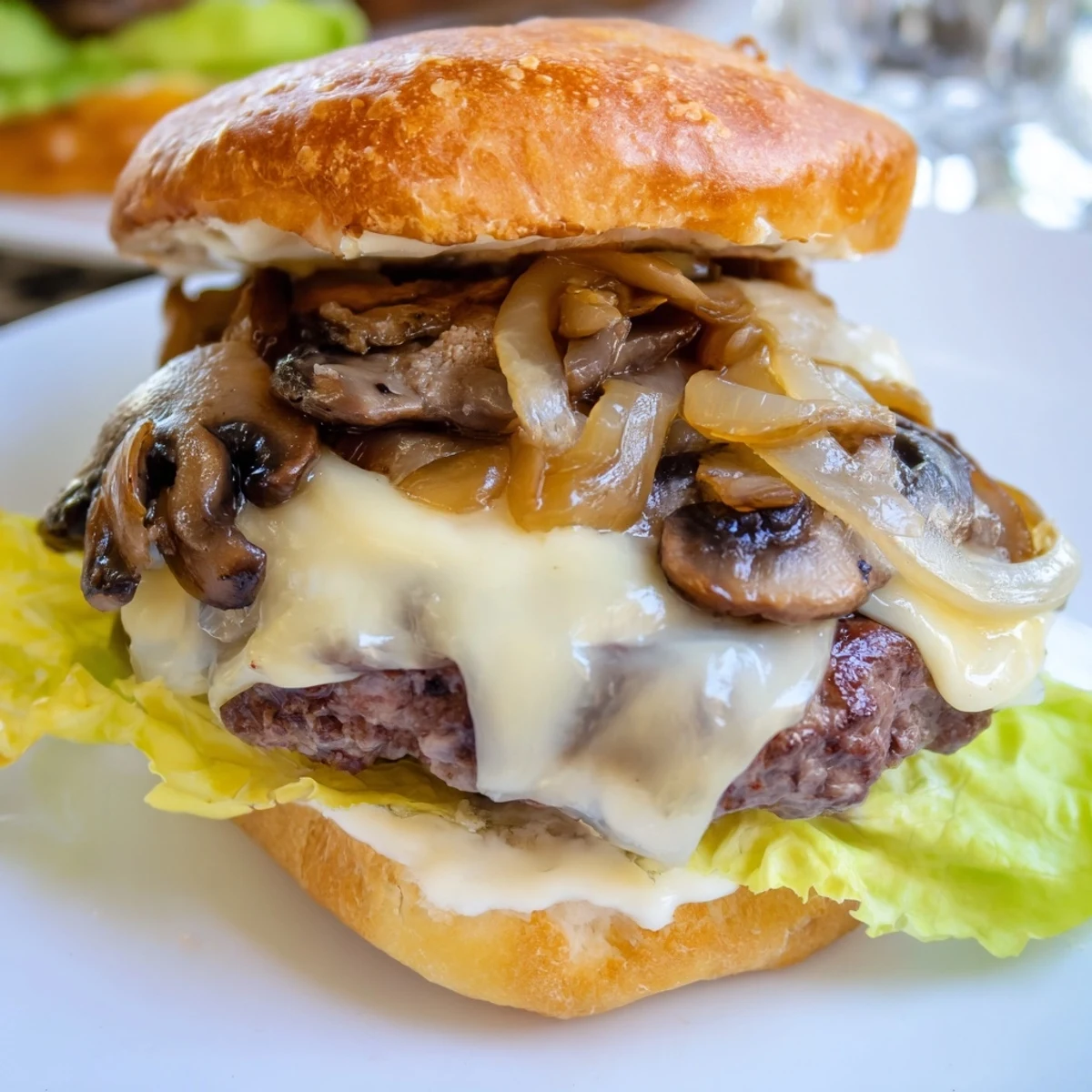 Golden-brown Mushroom and Swiss Burger with caramelized onions on a toasted brioche bun.