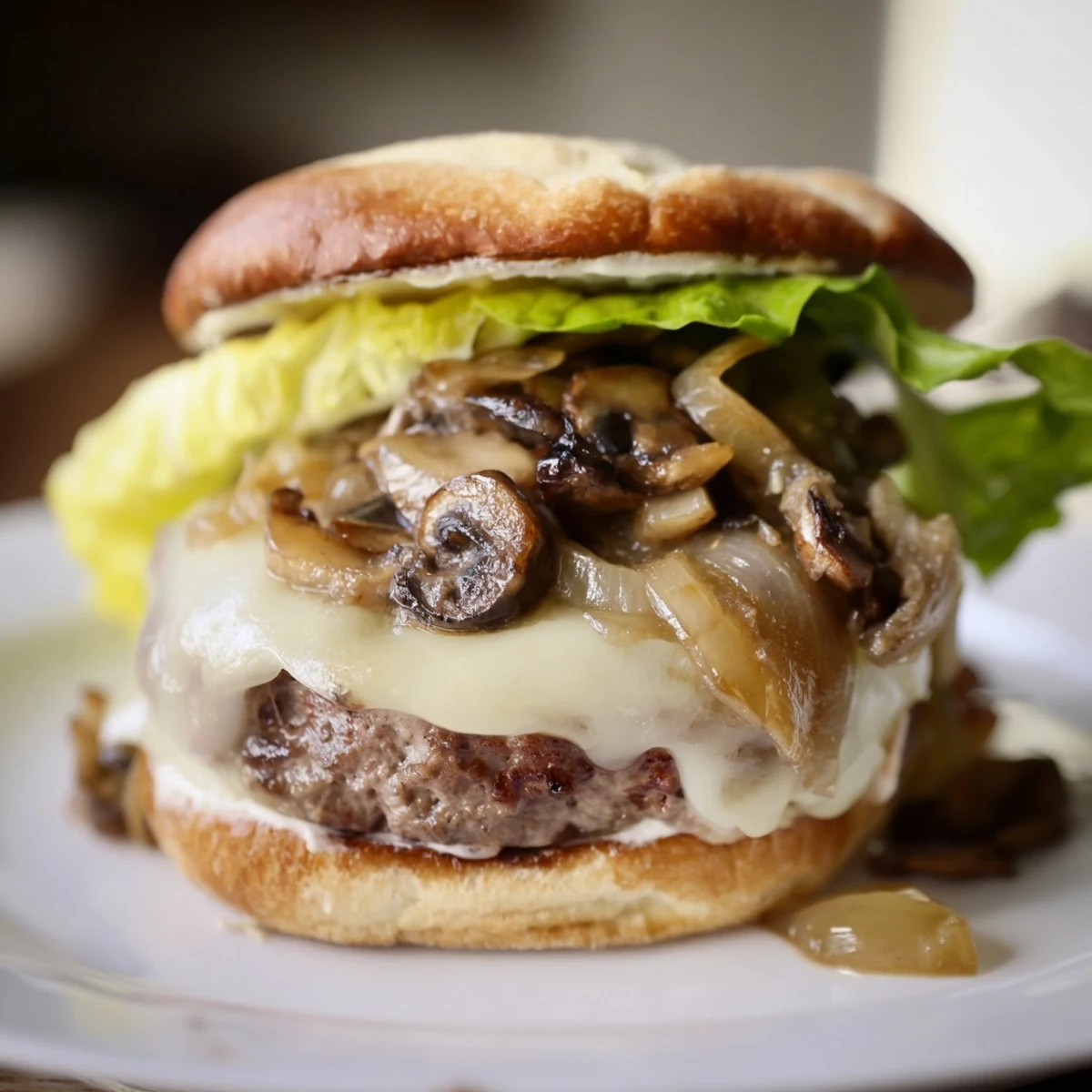 Fresh thyme garnish complements the melty Swiss cheese and savory beef patty.