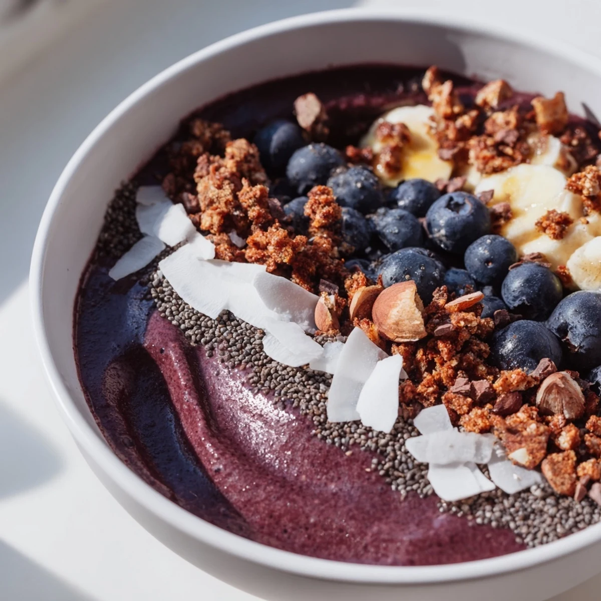 A vibrant purple smoothie bowl garnished with fresh winter berries, shredded coconut, and seeds for a healthy breakfast. 