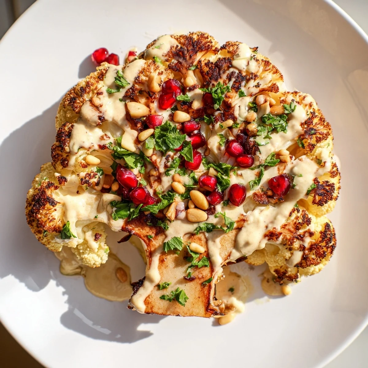 Golden-brown roasted cauliflower steaks are drizzled with creamy tahini dressing and garnished with fresh parsley, served on a rustic plate.
