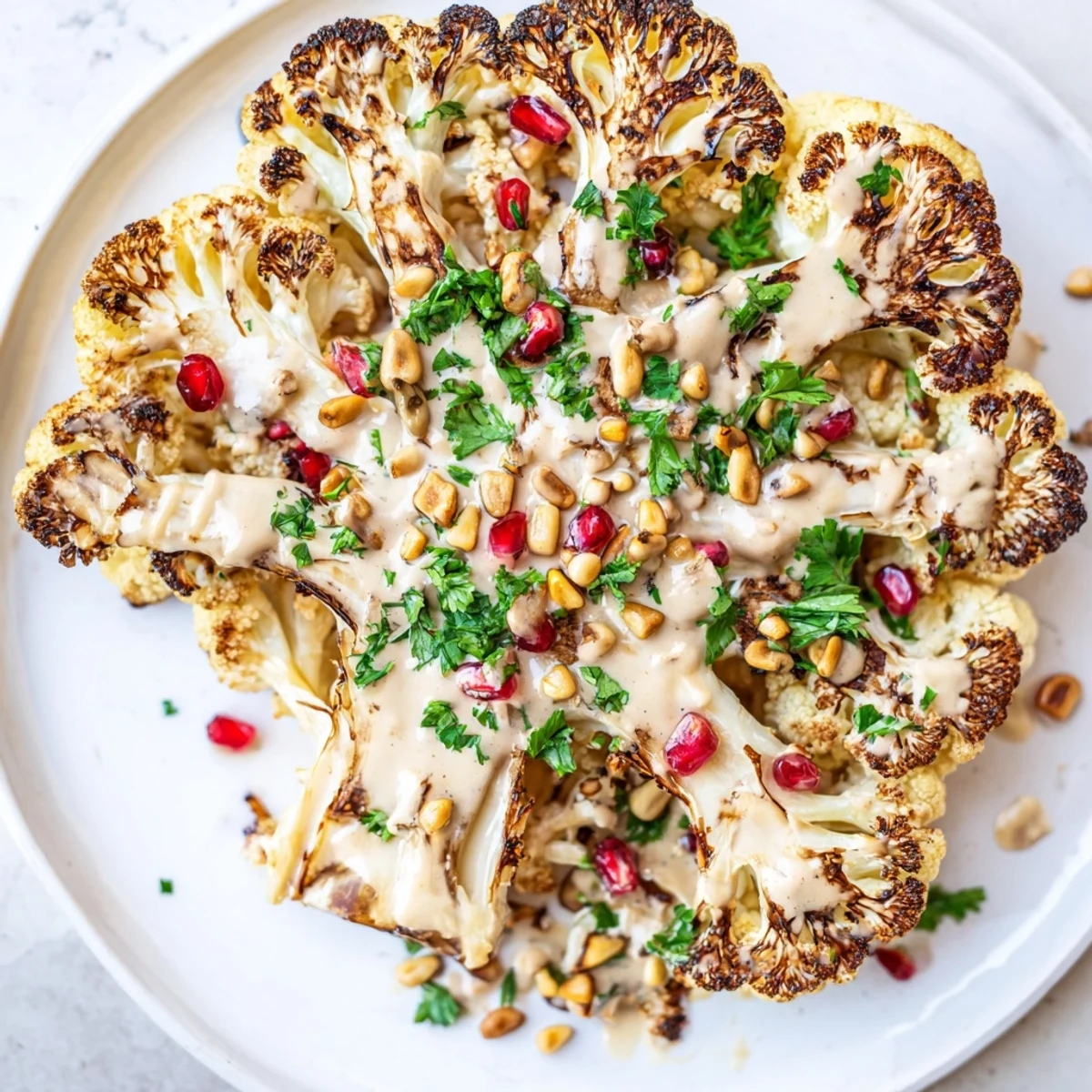 Roasted Cauliflower Steaks with Tahini Dressing are arranged on a platter, topped with toasted pine nuts and vibrant pomegranate seeds.