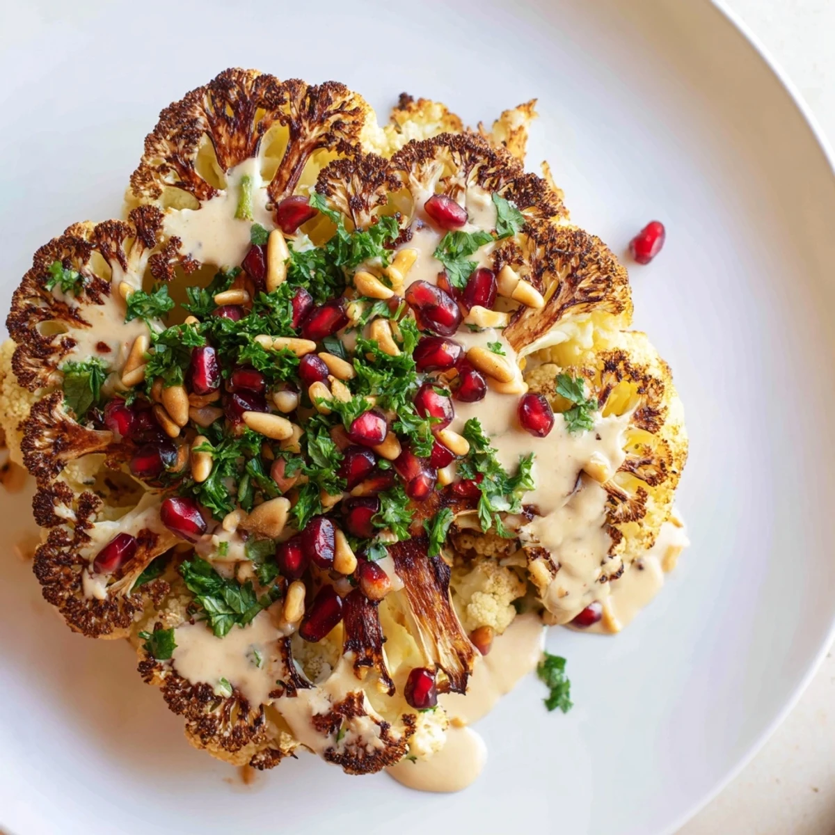 A close-up view shows caramelized cauliflower steaks with a drizzle of tangy tahini sauce, garnished with fresh herbs.