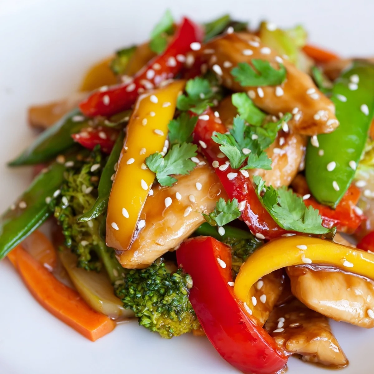 A close-up of Chicken Veggie Stir Fry glistening with savory sauce, featuring crisp broccoli and tender chicken served over steamed rice.