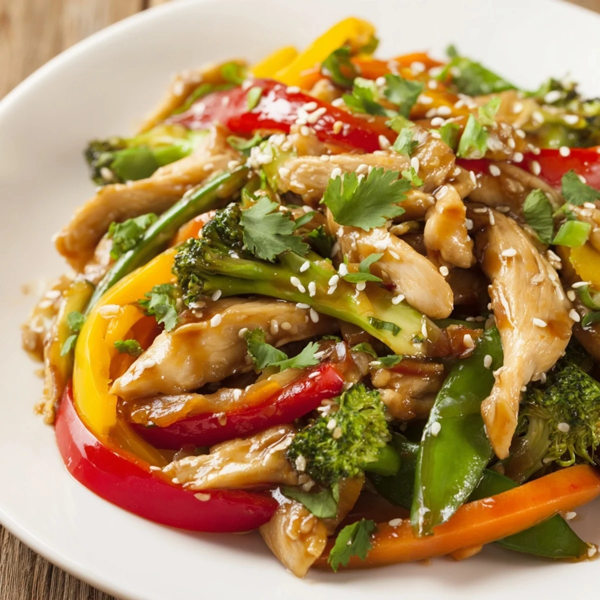 Bright mix of colorful bell peppers and snap peas in a hot Chicken Veggie Stir Fry, tossed with fresh ginger and garlic for a quick dinner.