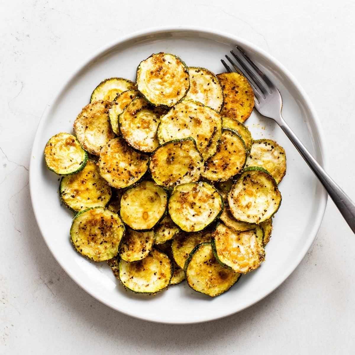 Golden-baked Crispy Zucchini Chips fanned out on a cooling rack next to fresh zucchini. 