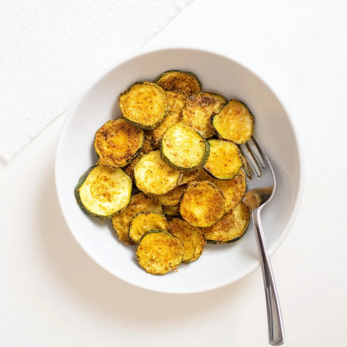 Close-up of Crispy Zucchini Chips showing golden edges and a paprika seasoning sprinkle. 