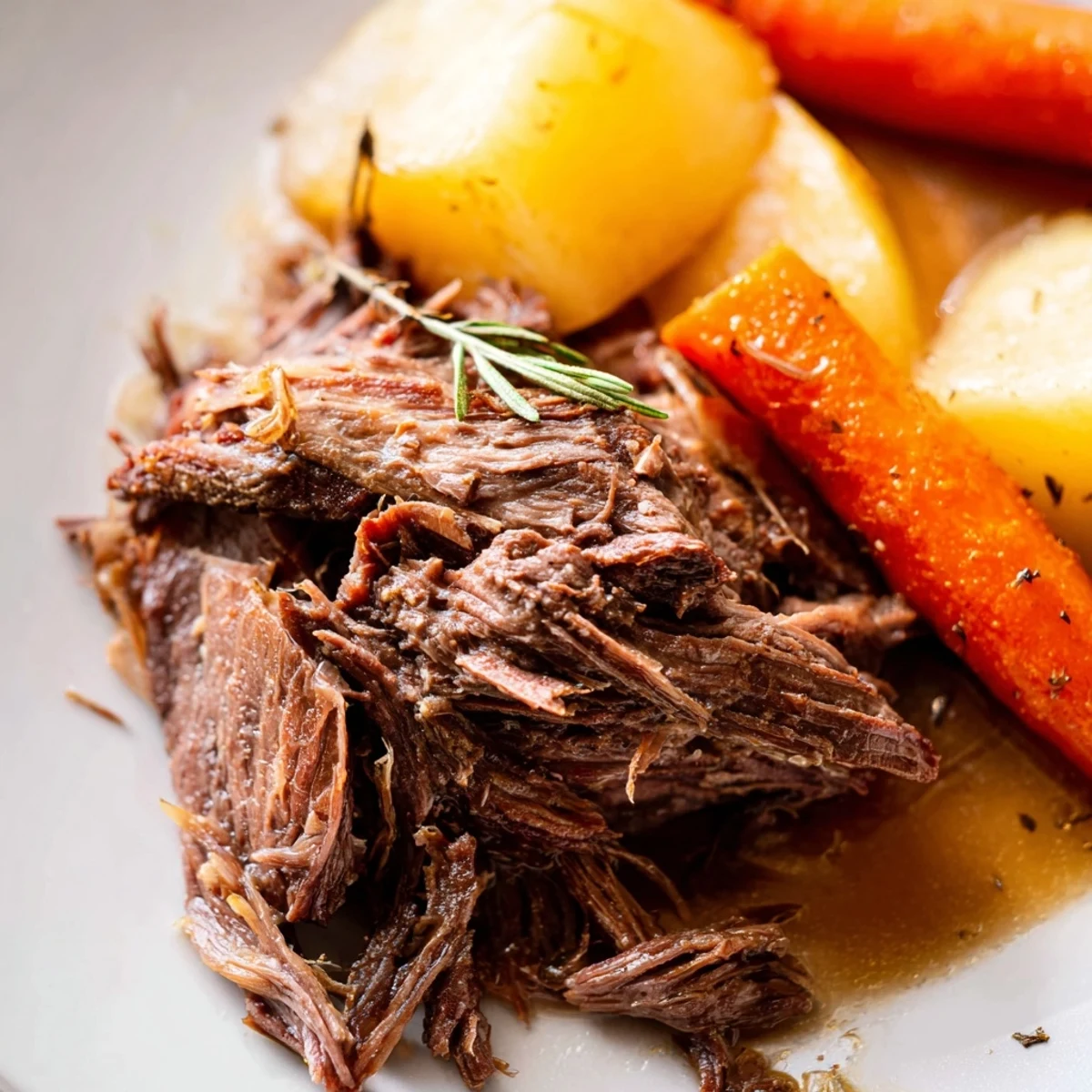 Slow Cooker Roast Beef shredded over mashed potatoes, drizzled with savory juices and resting on a rustic plate.