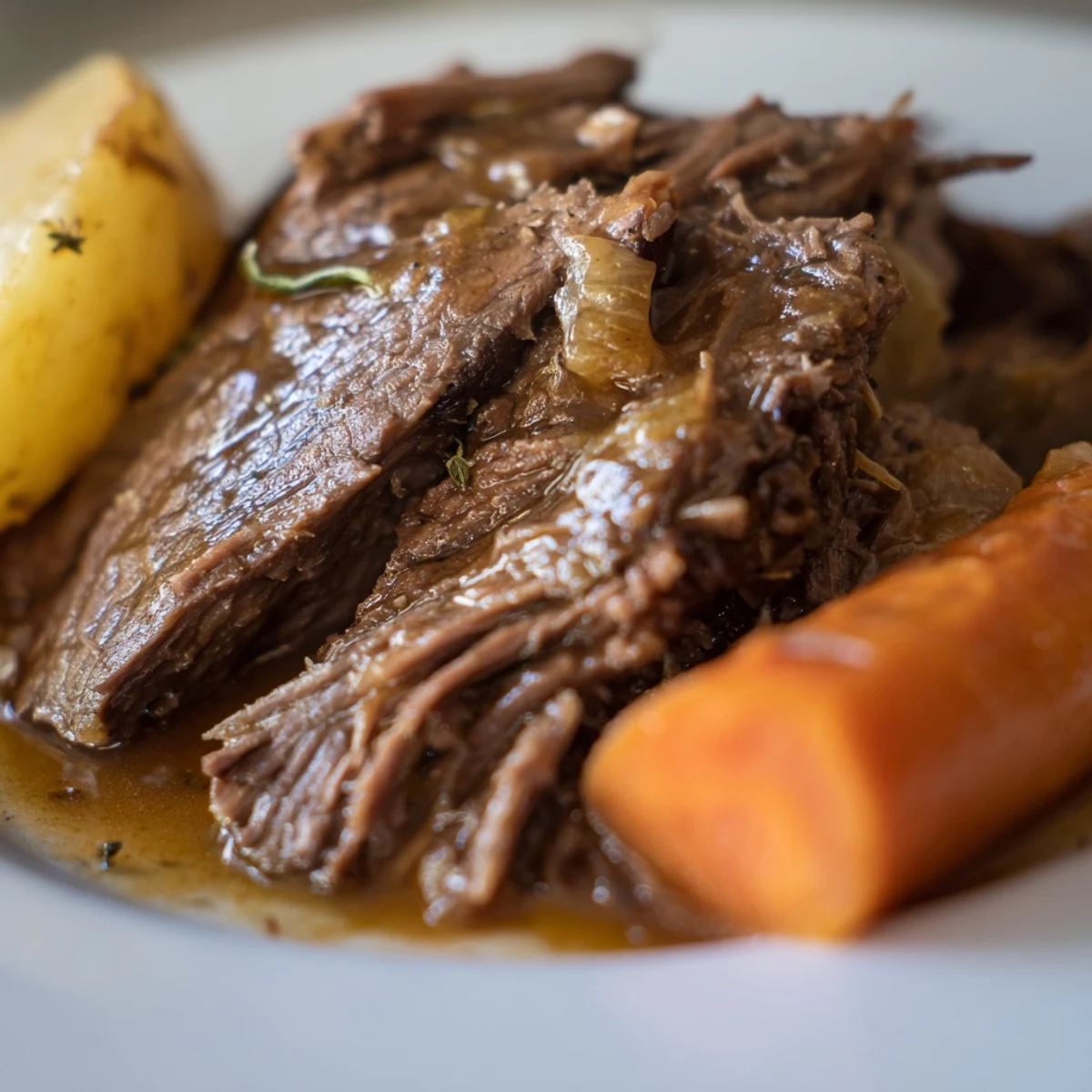 Slow Cooker Roast Beef served with tender carrots and potatoes, garnished with fresh thyme and rosemary sprigs.