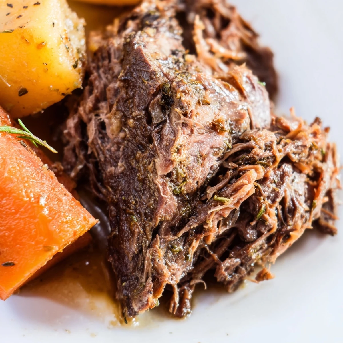 Slow Cooker Roast Beef carved into juicy slices, surrounded by caramelized onions and roasted carrots on a platter.