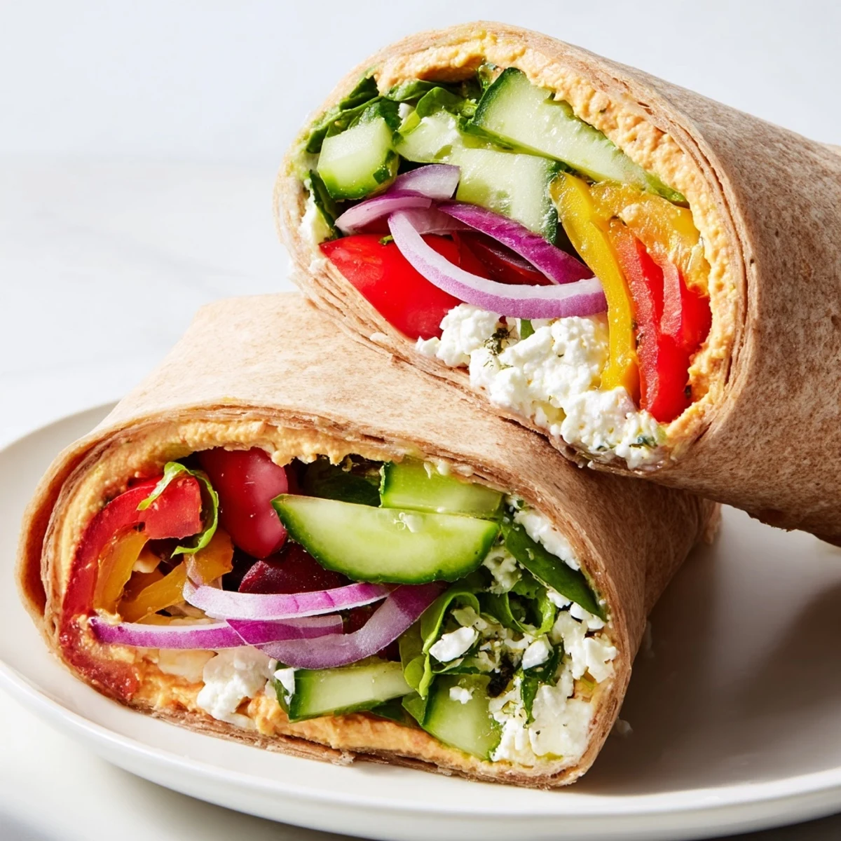 Fresh Mediterranean Sandwich Wrap sliced on a plate, showing hummus, crisp cucumbers, cherry tomatoes, and crumbled feta.