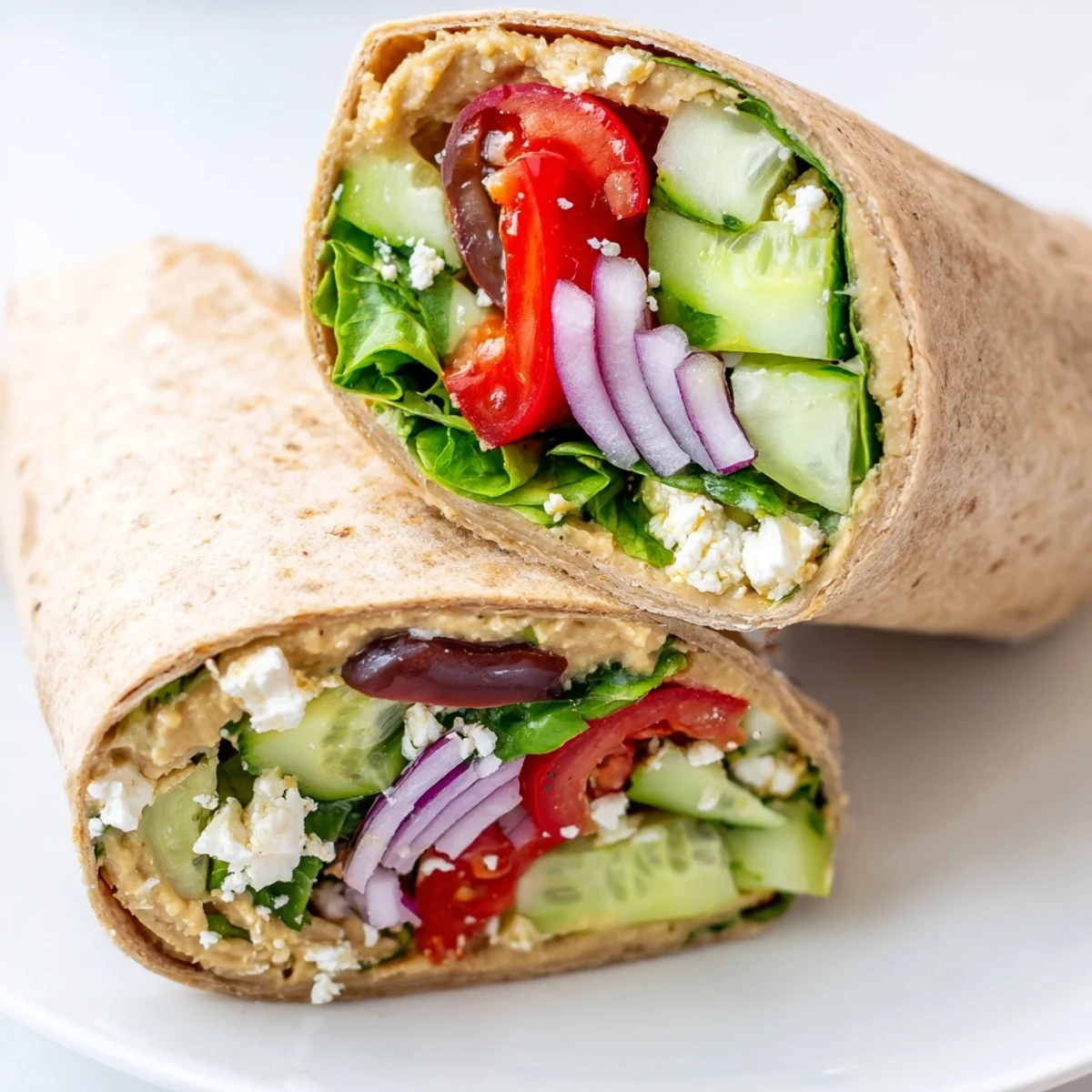 Mediterranean Sandwich Wrap halves stacked on a wooden board, drizzled with herb dressing and garnished with fresh parsley.