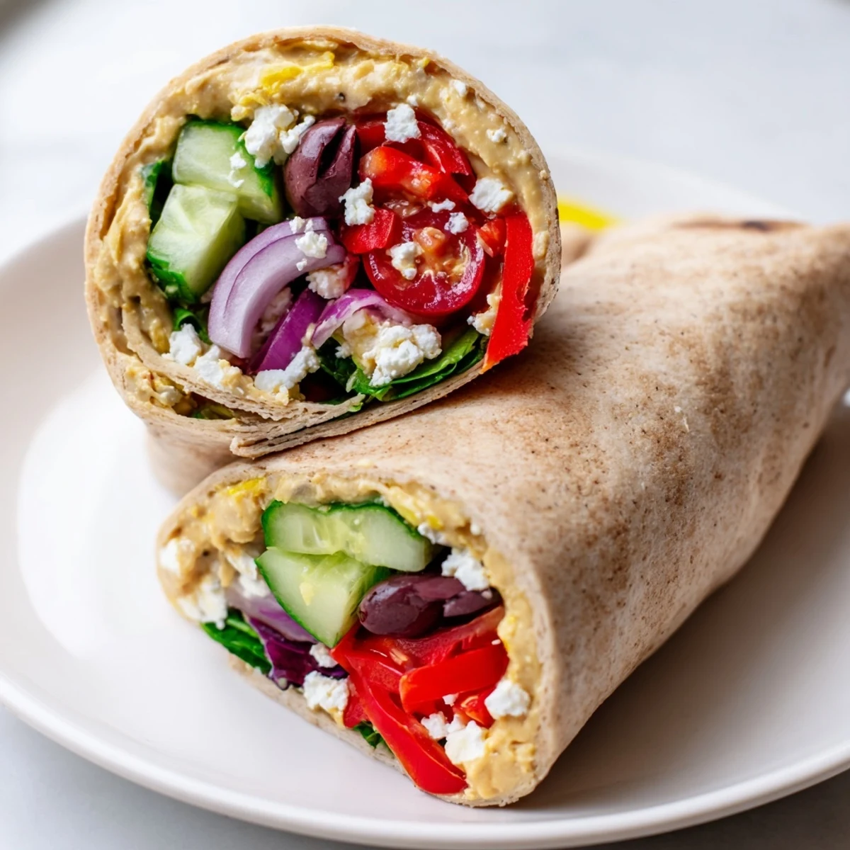 Colorful Mediterranean Sandwich Wrap cut diagonally, filled with red peppers, greens, and creamy hummus for a healthy lunch.