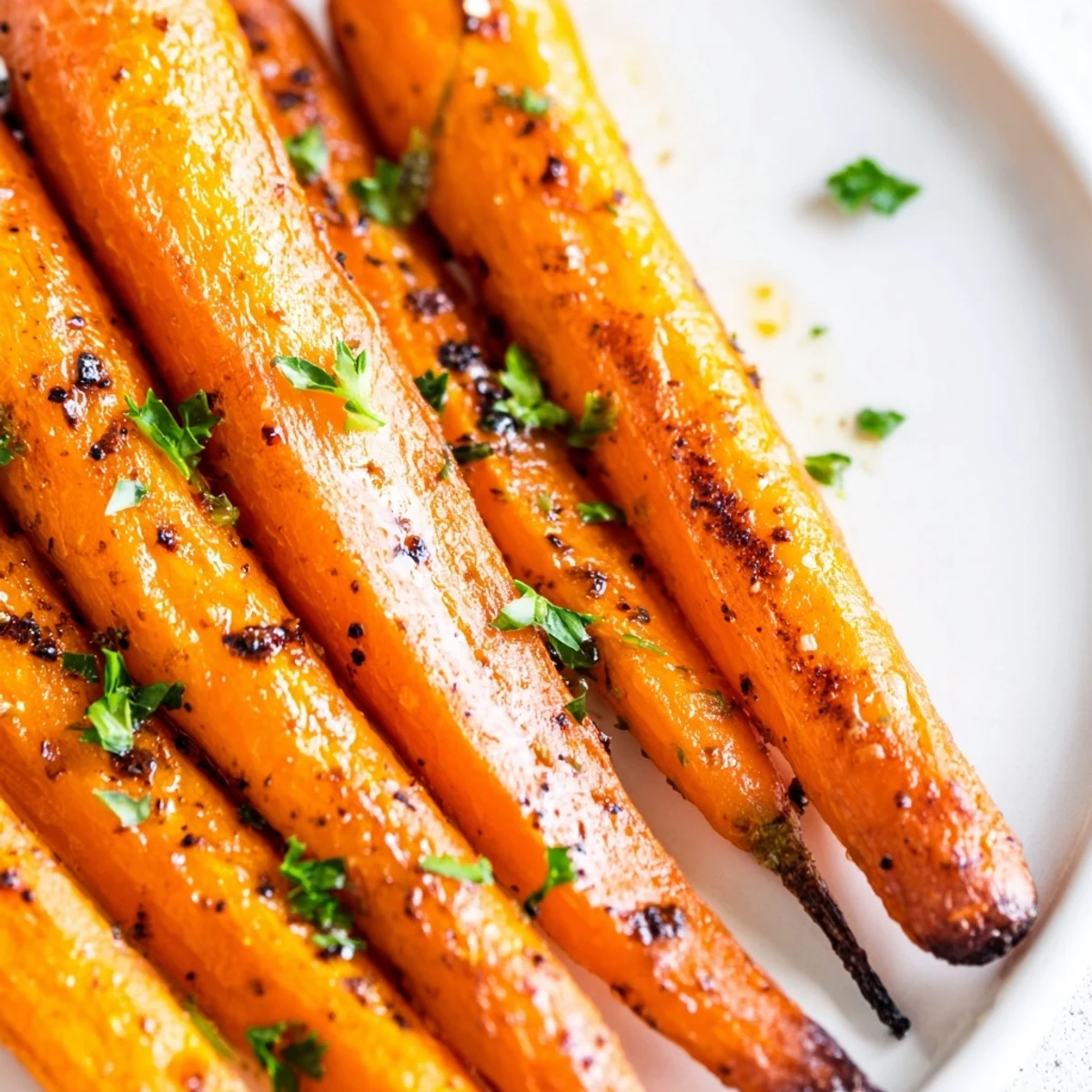 Caramelized Roasted Carrot Sticks tossed in olive oil, garnished with chopped parsley, ready to be enjoyed as a healthy side dish.