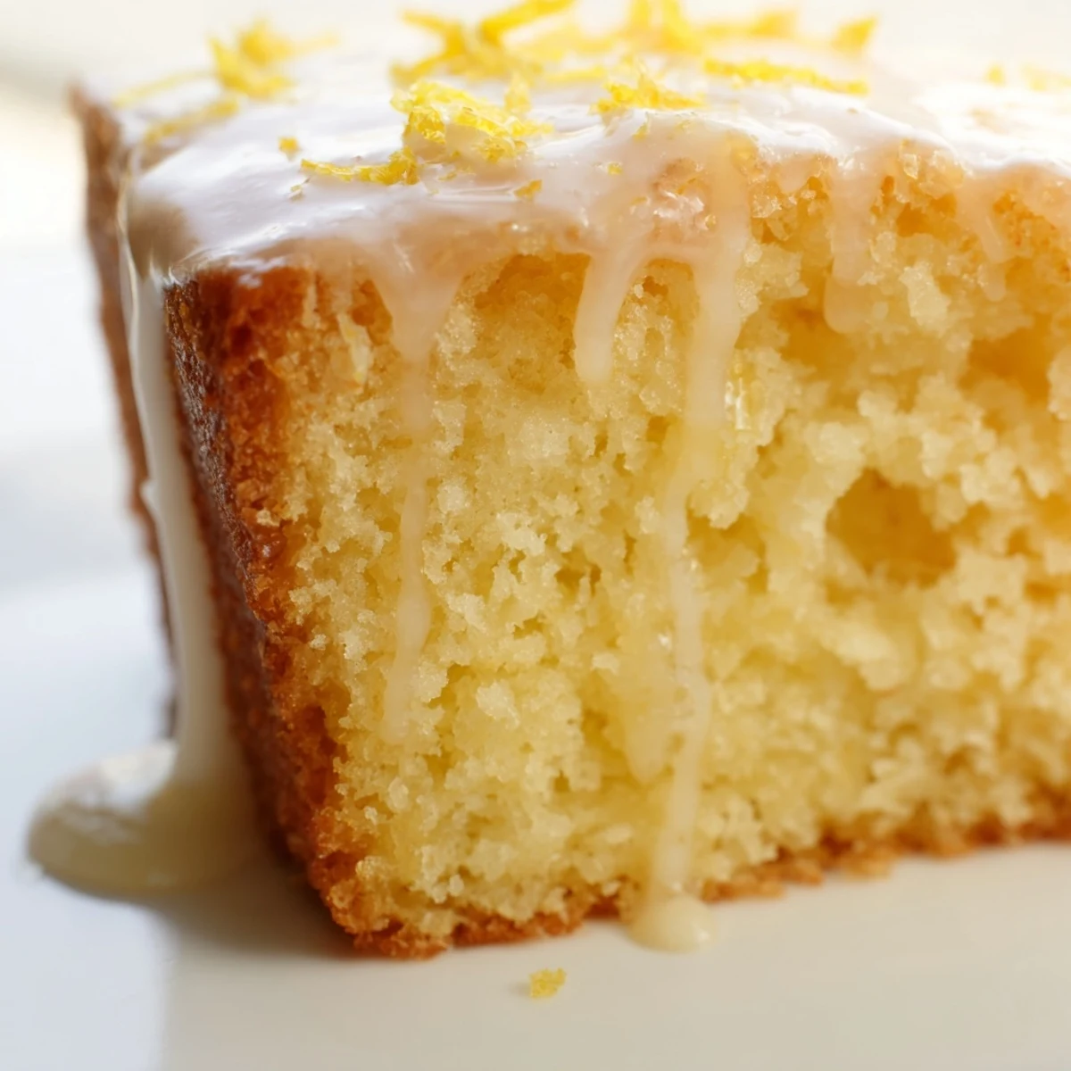 Freshly baked Lemon Cake Slice on a white plate with a yellow napkin, showcasing the moist crumb and glossy lemon glaze.