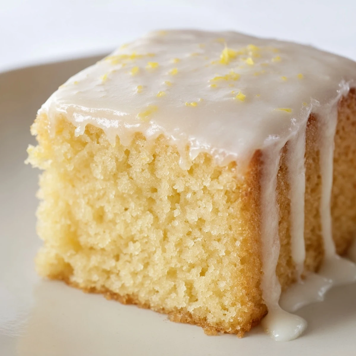 A single Lemon Cake Slice with a tender crumb, drizzled with zesty glaze and fresh lemon zest on a wooden board.