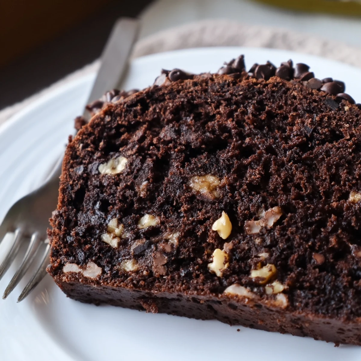 Thick slice of moist Chocolate Banana Bread on a white plate, showcasing rich cocoa color and visible chocolate chunks.