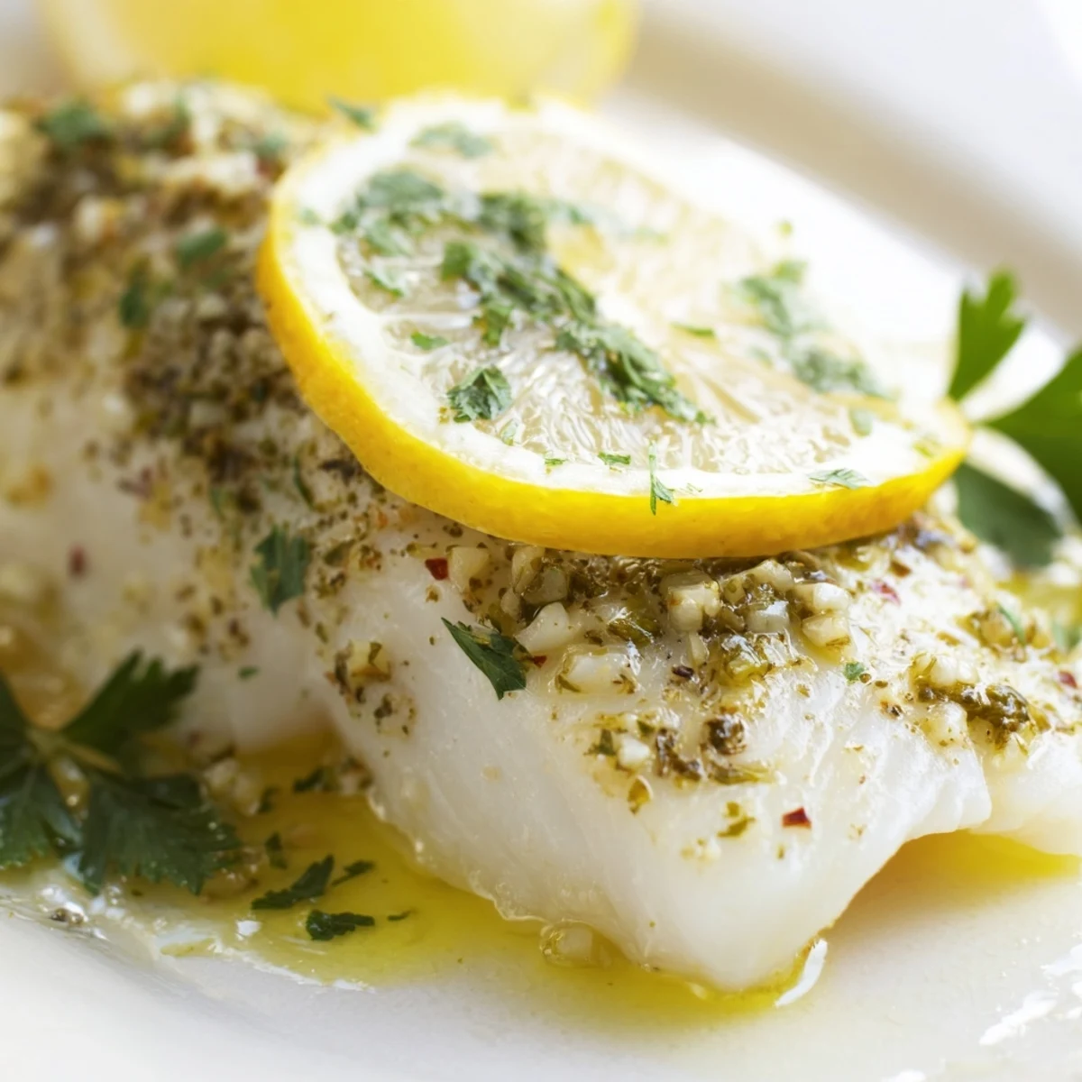 Easy gluten-free Baked Fish Fillet with Lemon, flaky and tender, garnished with fresh parsley and served on a white ceramic plate.