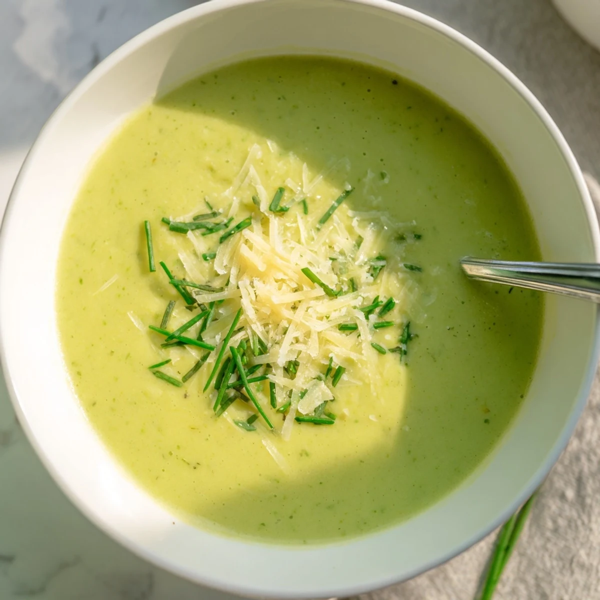 Creamy Broccoli Soup served hot in a white bowl, garnished with fresh chives and grated Parmesan for a cozy meal.