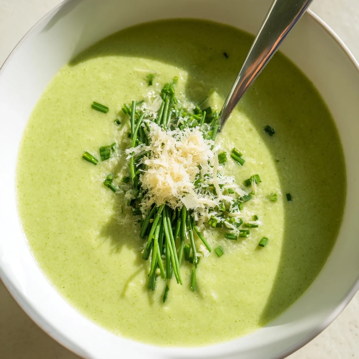 Homemade Creamy Broccoli Soup topped with herbs and a drizzle of cream, paired with crusty bread on the side.