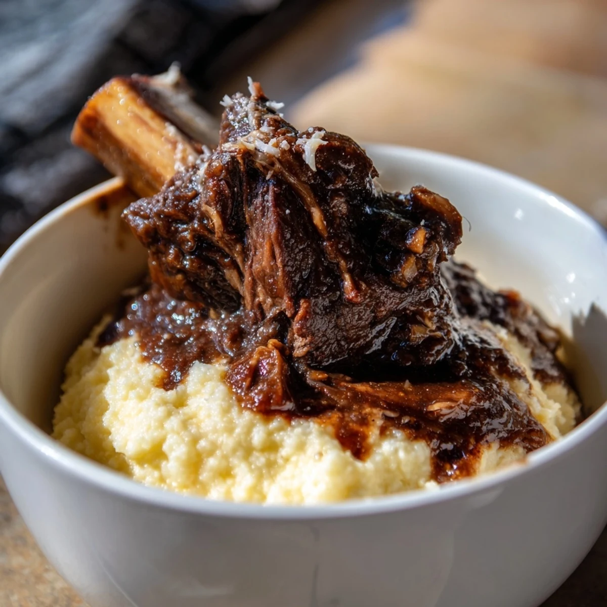 Tender, fall-off-the-bone beef short ribs are served over a bowl of creamy polenta, drizzled with a rich red wine sauce.