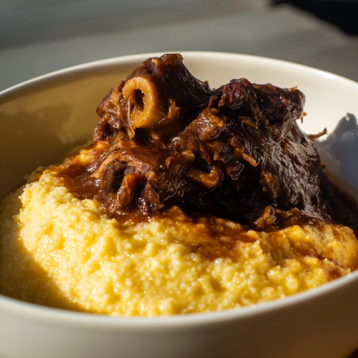 Golden, buttery polenta and shredded beef short ribs are spooned from a Dutch oven, showcasing the ultimate Italian-American comfort food.