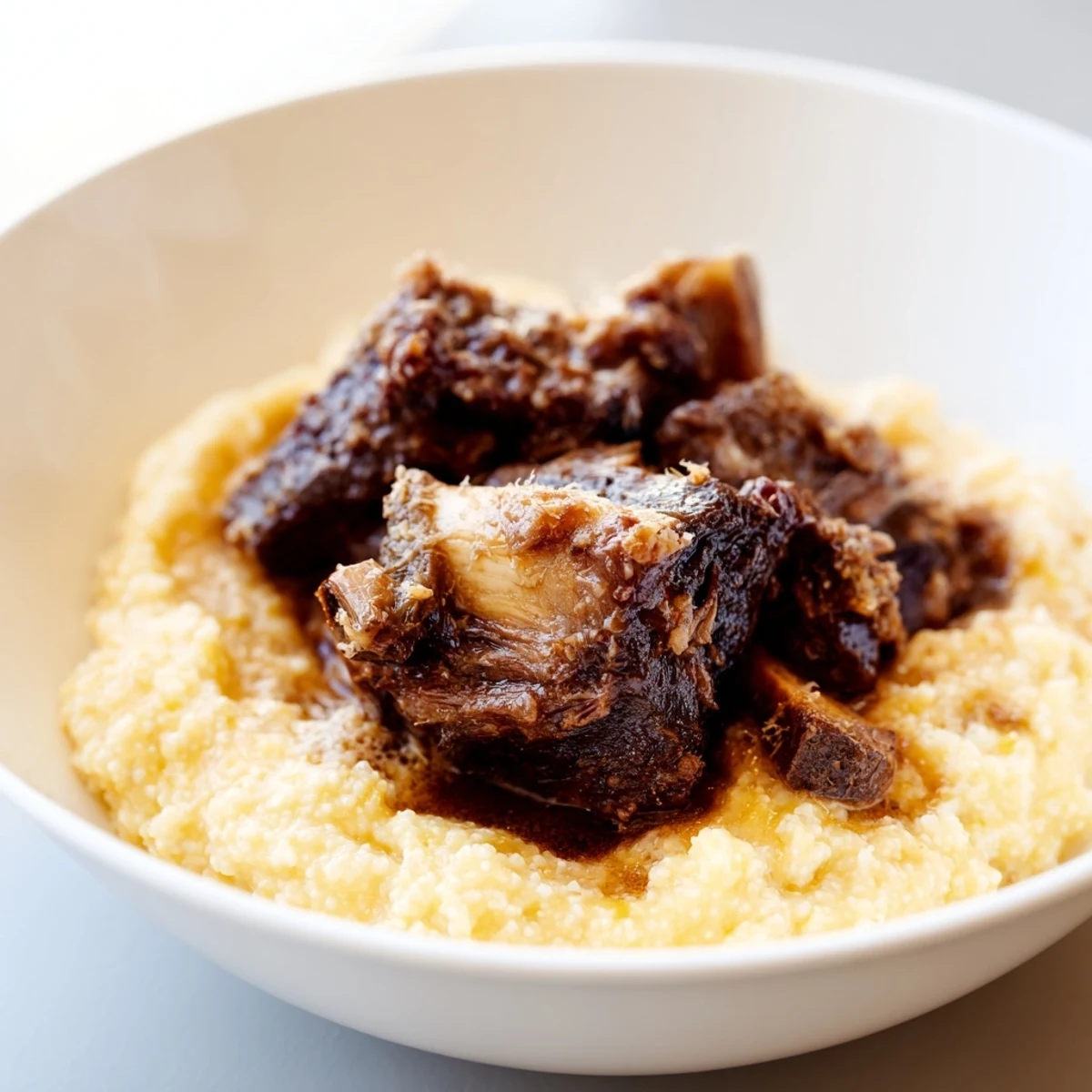 Braised beef short ribs atop creamy polenta, garnished with fresh thyme and ready to serve with a glass of red wine.