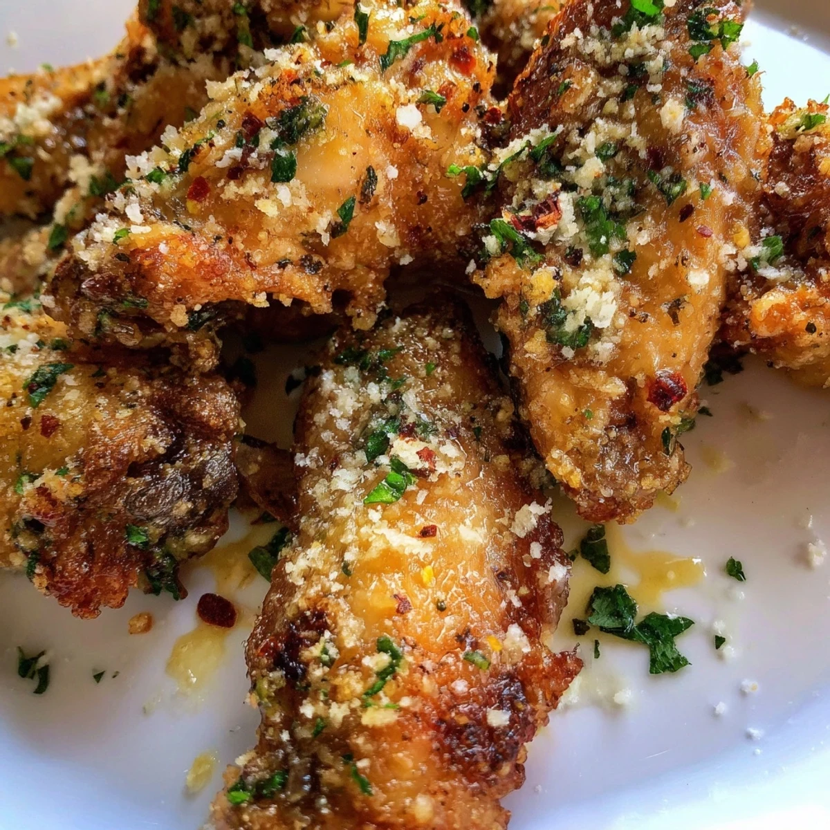 Perfectly crispy wings coated in savory garlic Parmesan sauce, served hot for a game day snack.