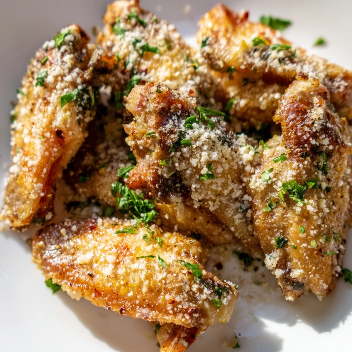 Golden brown Air Fryer Garlic Parmesan Chicken Wings glistening with buttery sauce and fresh parsley garnish.