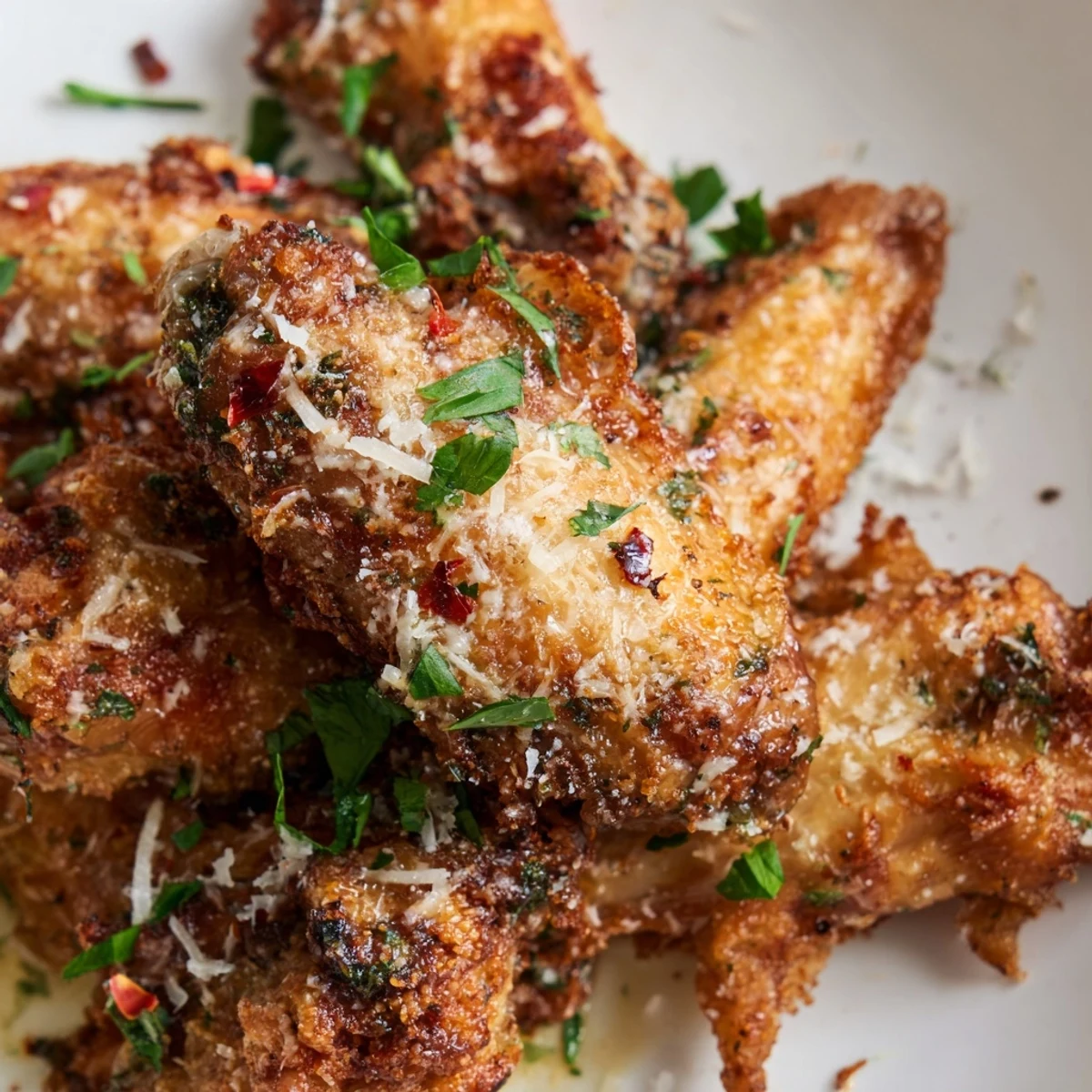 Juicy Air Fryer Garlic Parmesan Chicken Wings tossed in sauce, ready to be enjoyed with celery sticks.