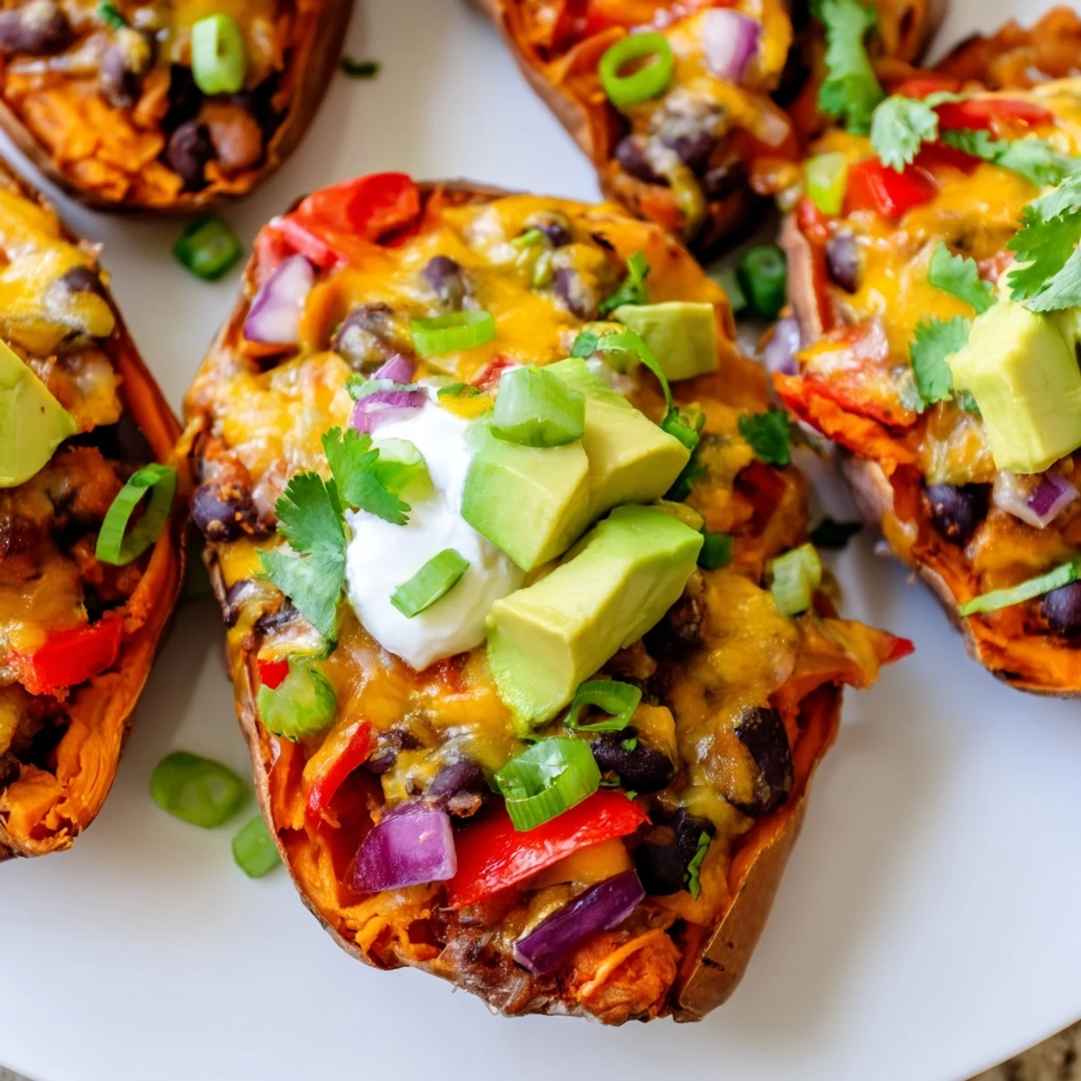 Crispy baked Loaded Sweet Potato Skins with Black Beans topped with melty cheese, diced avocado, and fresh cilantro garnish.
