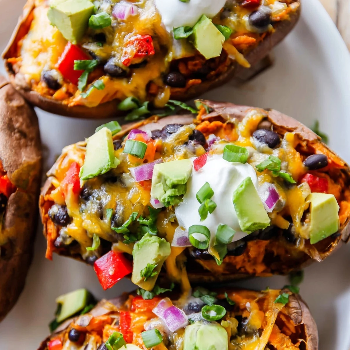 Freshly baked Loaded Sweet Potato Skins with Black Beans served with dollops of sour cream and sliced green onions.
