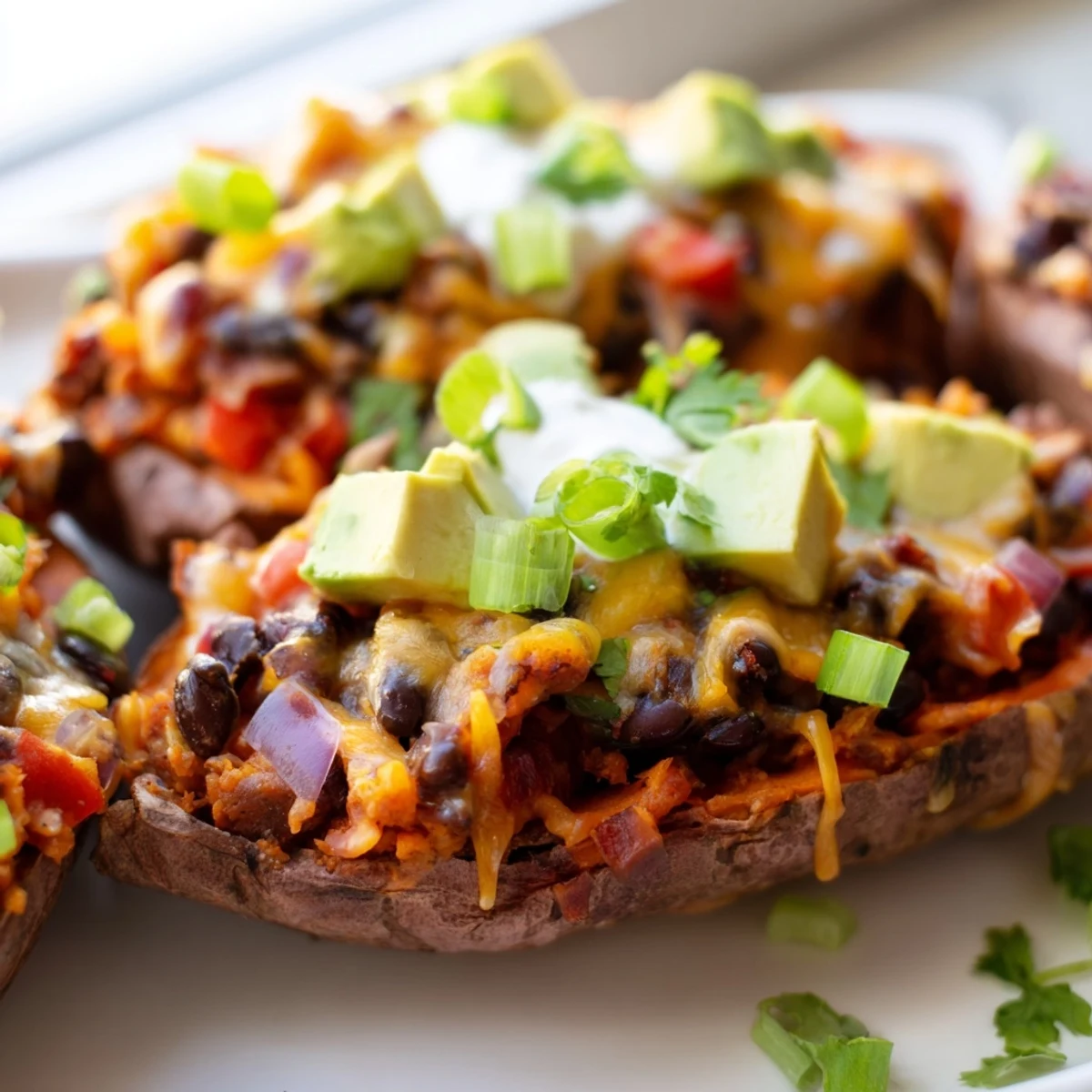 Golden Loaded Sweet Potato Skins with Black Beans filled with a hearty spiced bean mixture on a rustic serving platter.