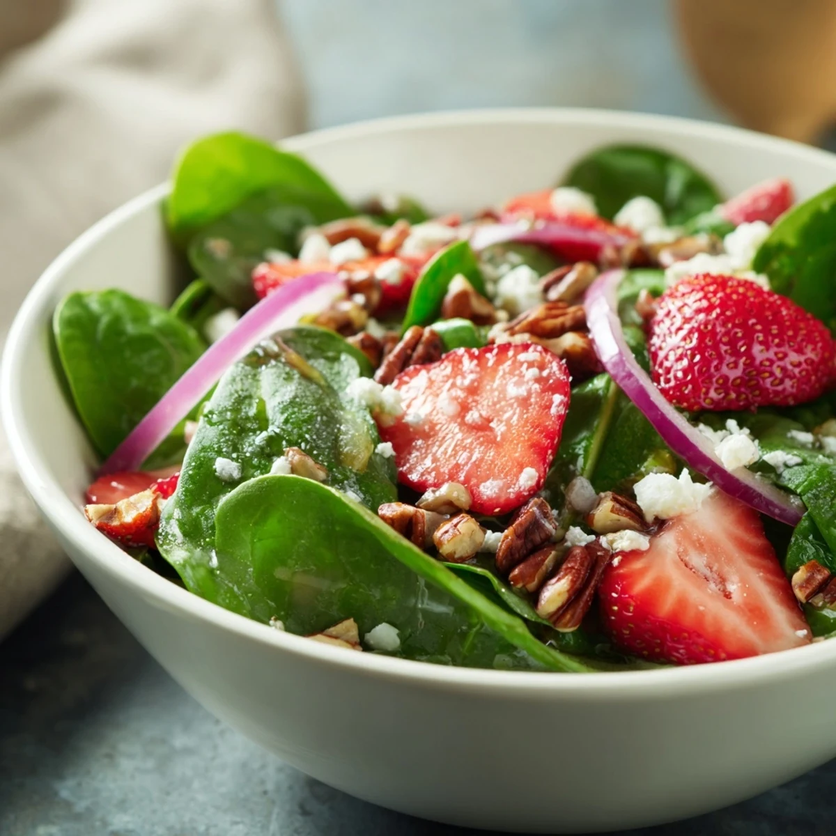 A vibrant bowl of Strawberry Spinach Salad with Poppy Seed Vinaigrette, perfect for a light lunch or summer potluck.