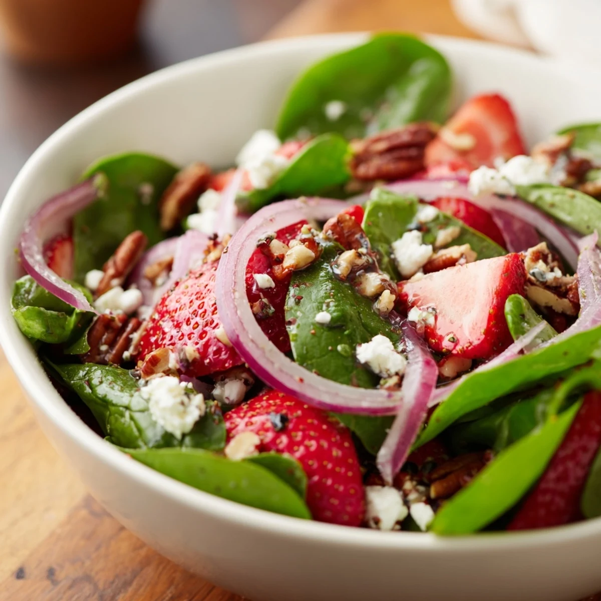 Fresh spinach and juicy strawberries tossed with toasted pecans and tangy feta in a homemade poppy seed vinaigrette.