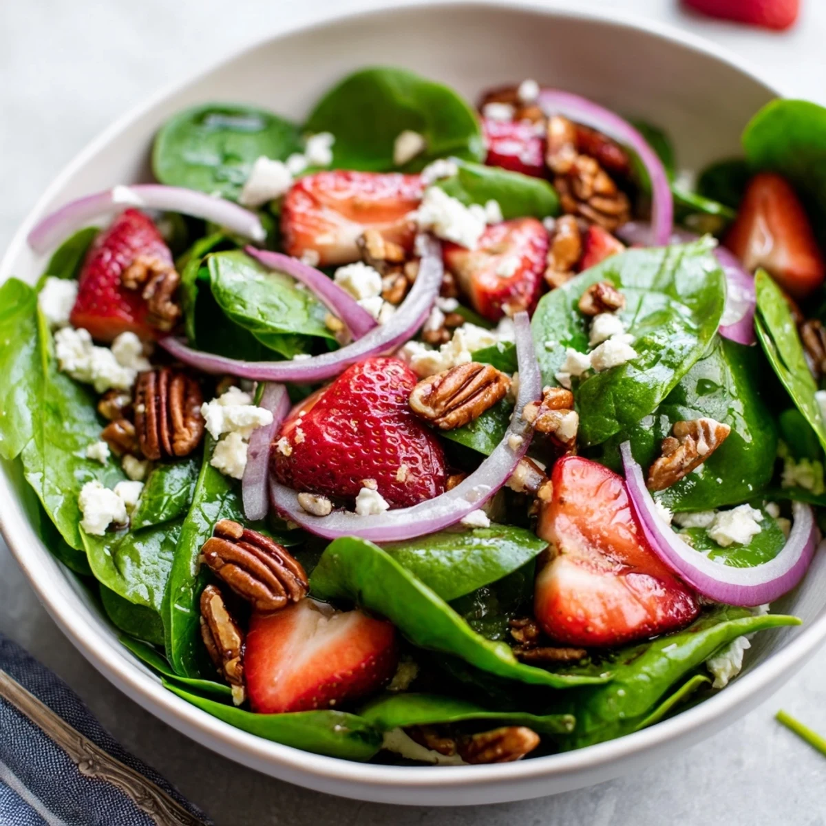 Healthy Strawberry Spinach Salad with Poppy Seed Vinaigrette topped with crumbled feta and crunchy pecans on a rustic table.