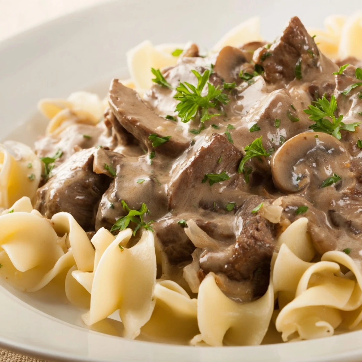 A close-up of juicy beef and mushrooms in rich sauce piled high on wide egg noodles.