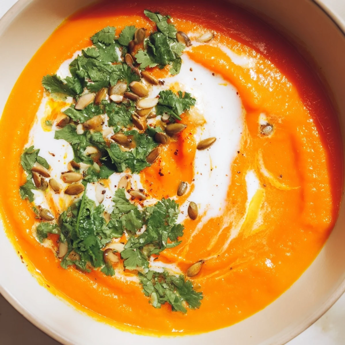 Roasted Carrot and Ginger Soup steaming in a white bowl, drizzled with creamy coconut milk and fresh cilantro.