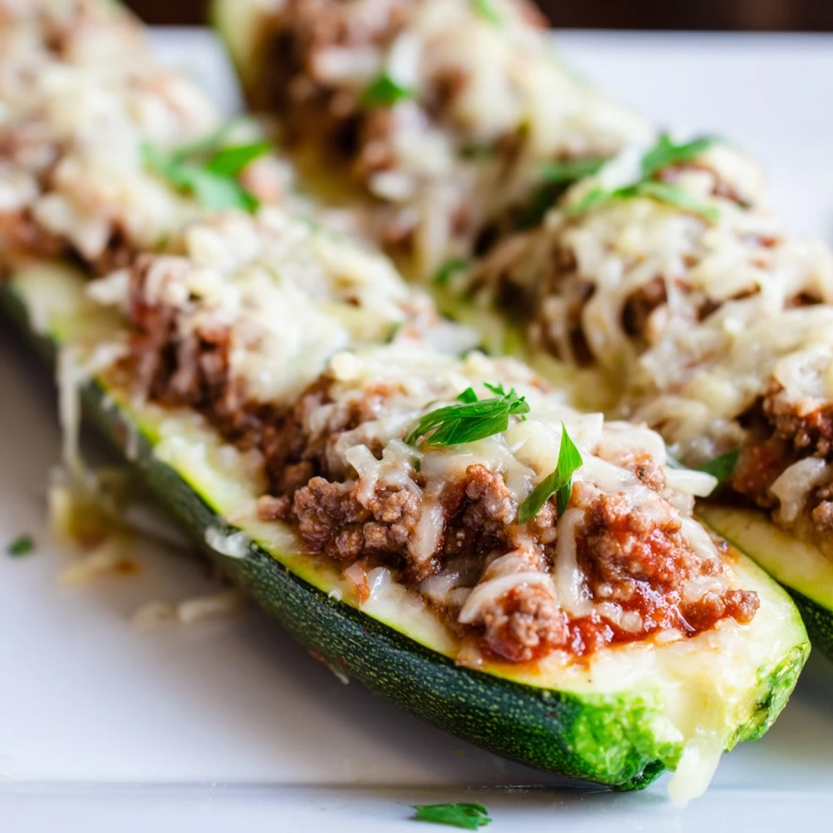 Golden, bubbly mozzarella melts over baked Zucchini Boats Stuffed with Ground Beef, served hot from the oven.