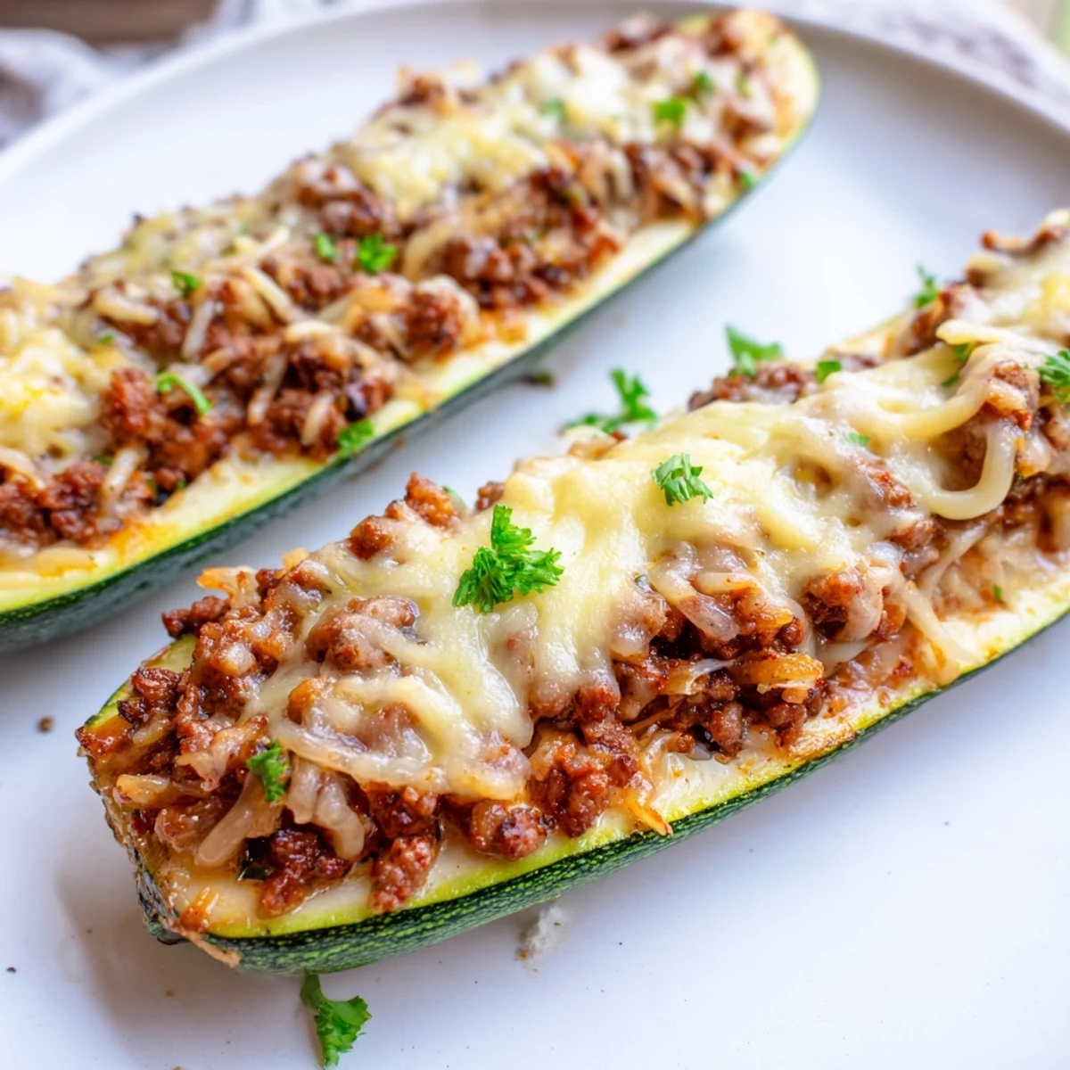 Perfectly browned Zucchini Boats Stuffed with Ground Beef, garnished with fresh parsley on a rustic wooden board.