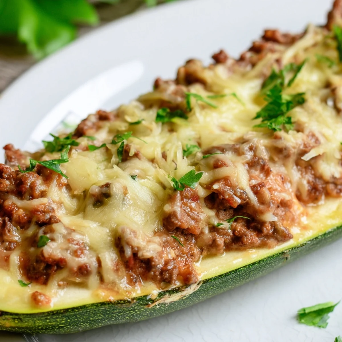 Juicy ground beef filling peeking from tender zucchini halves, creating Zucchini Boats Stuffed with Ground Beef for dinner.