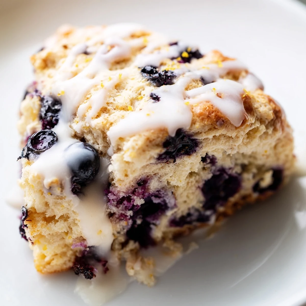 A close up of Lemon Blueberry Scones with Vanilla Glaze dripping with sweet icing and fresh lemon zest.